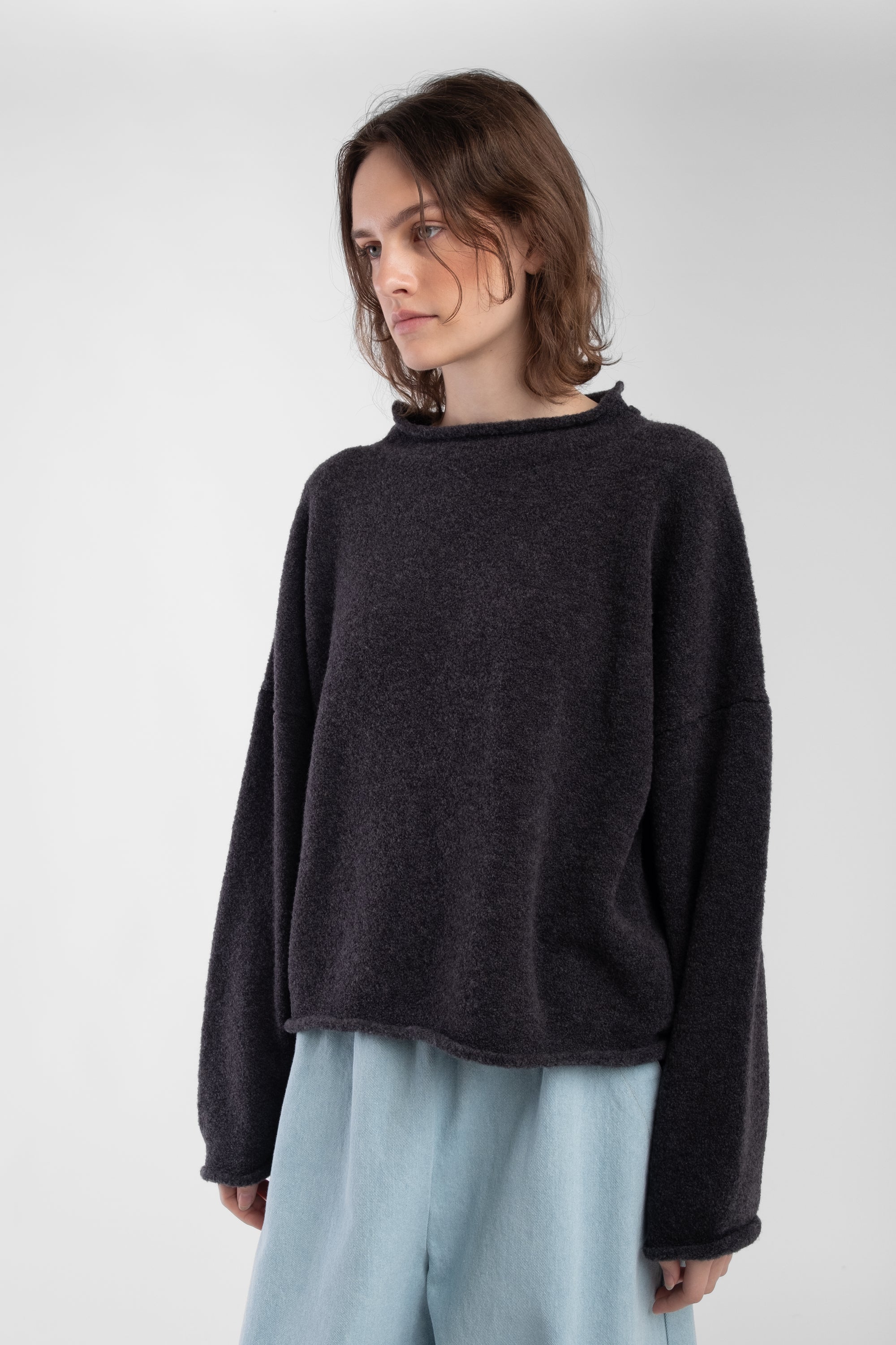 Charcoal Boucle Rolled Sweater