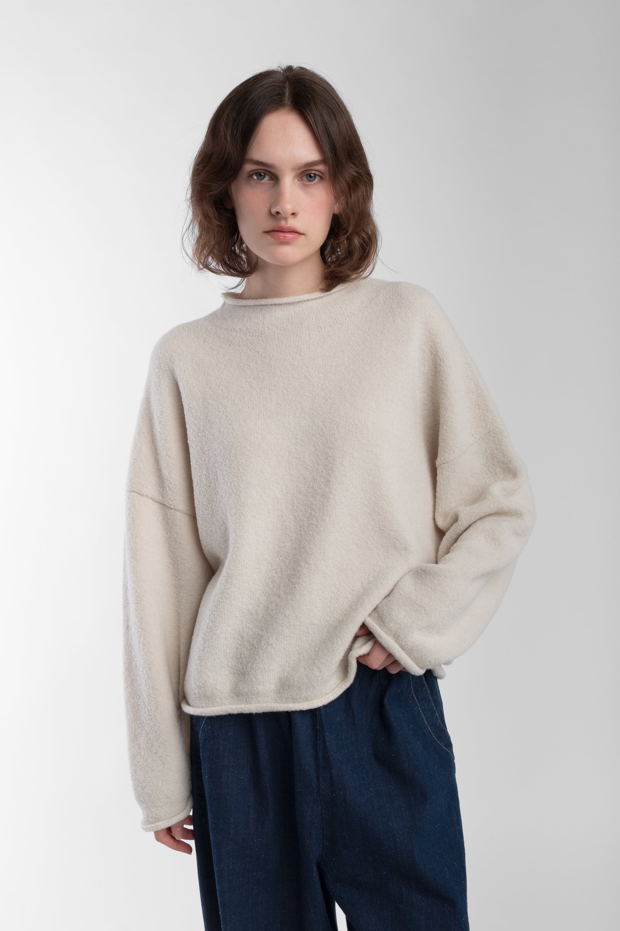Cream Boucle Rolled Sweater