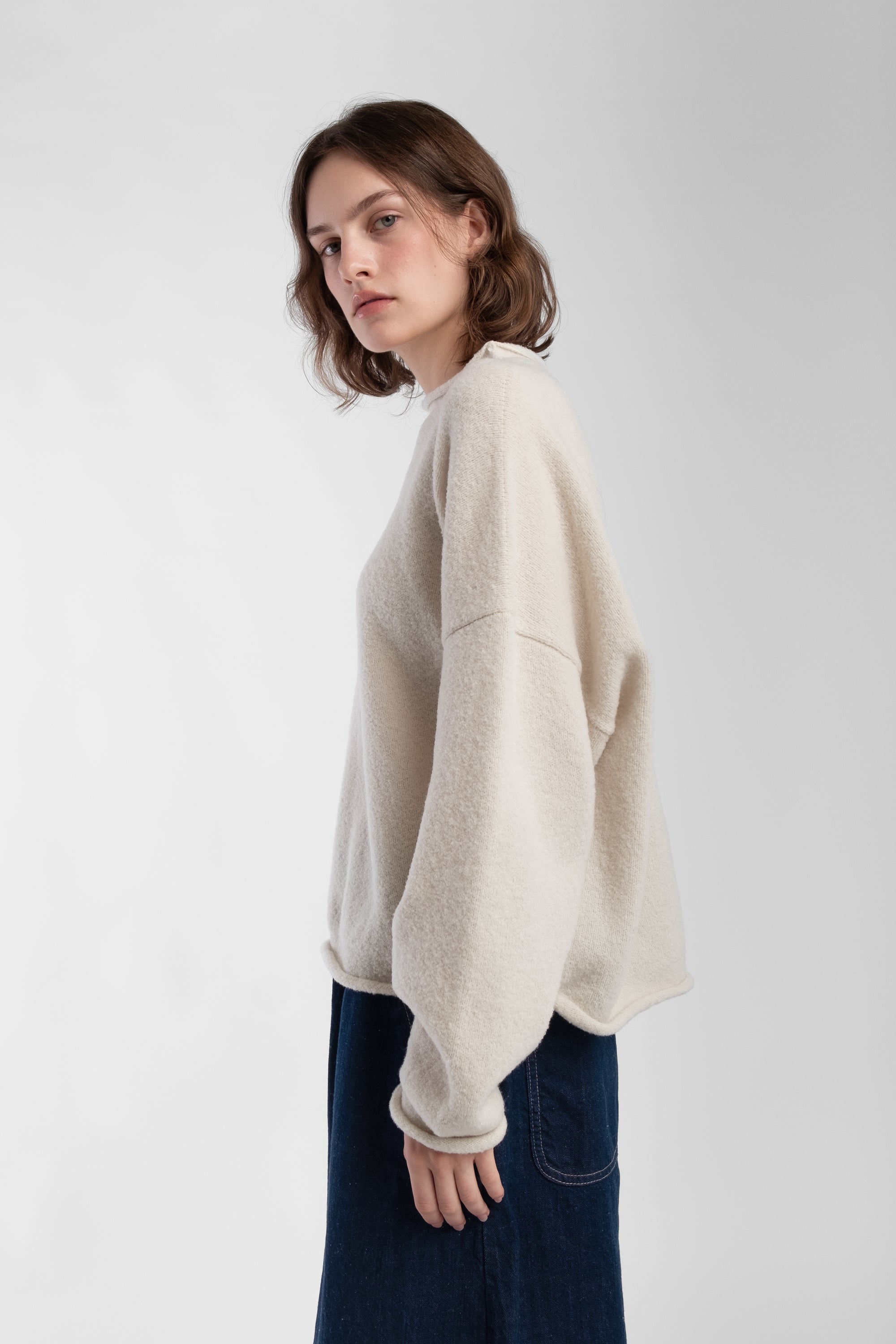 Cream Boucle Rolled Sweater