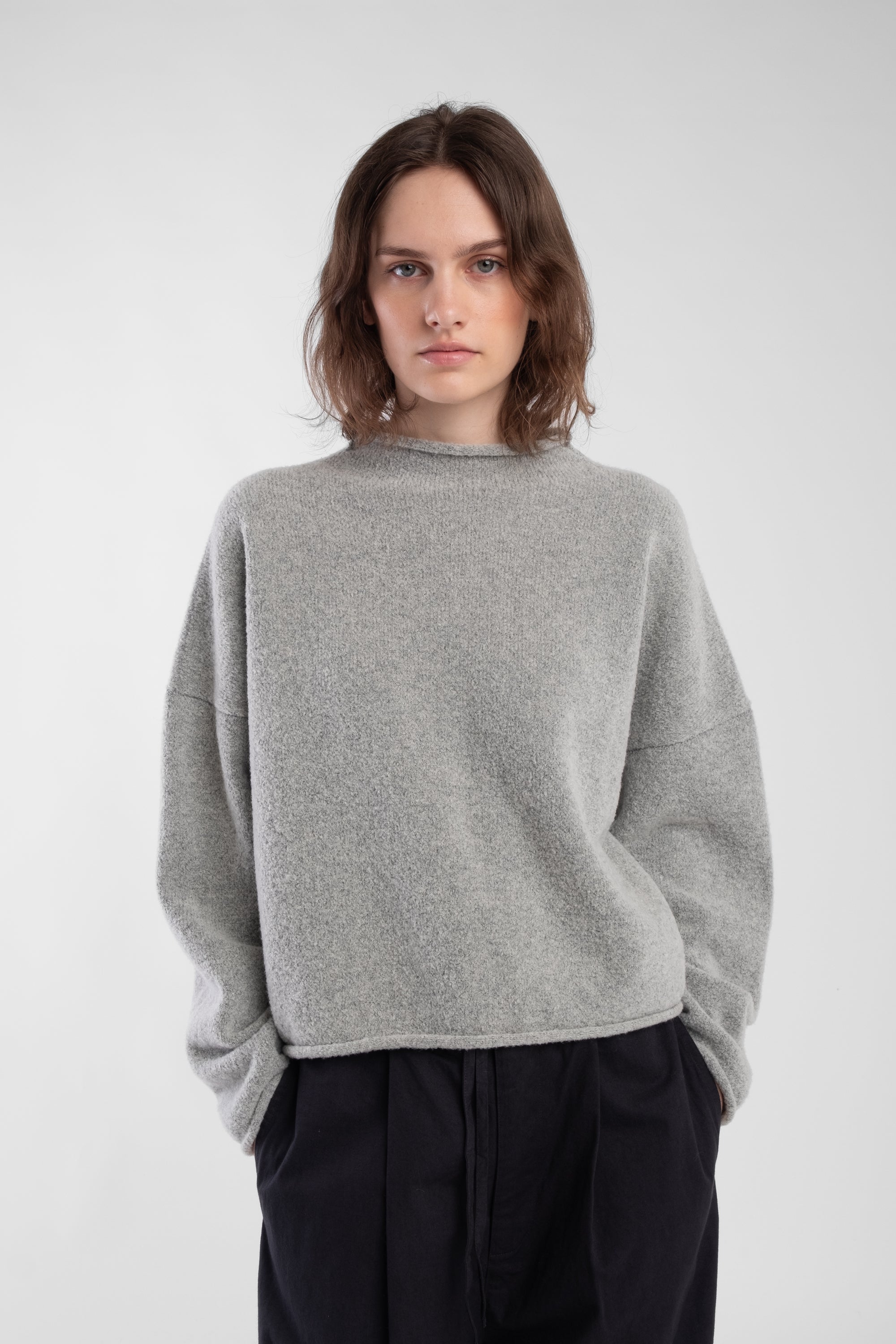 Heather Grey Boucle Rolled Sweater