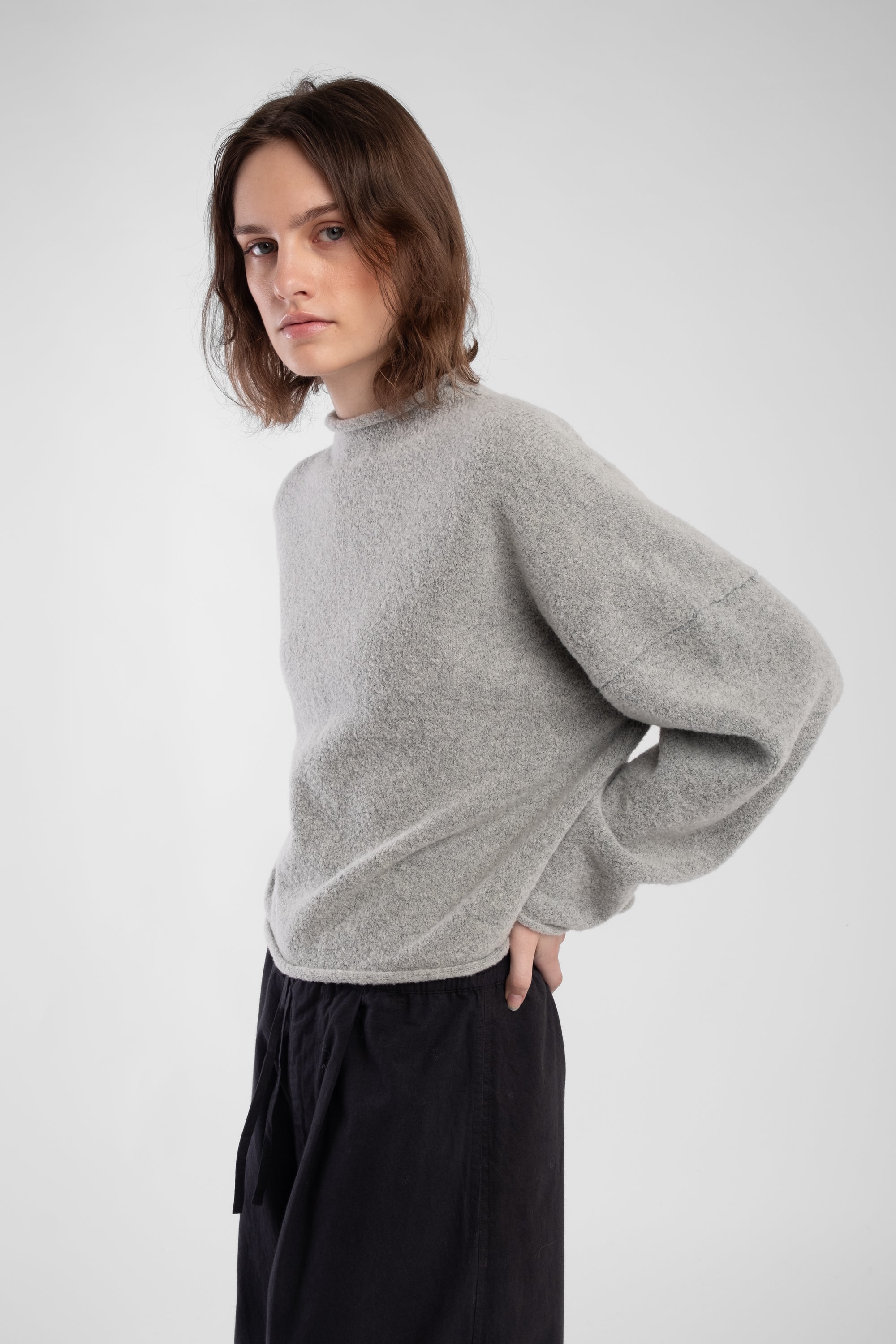 Heather Grey Boucle Rolled Sweater