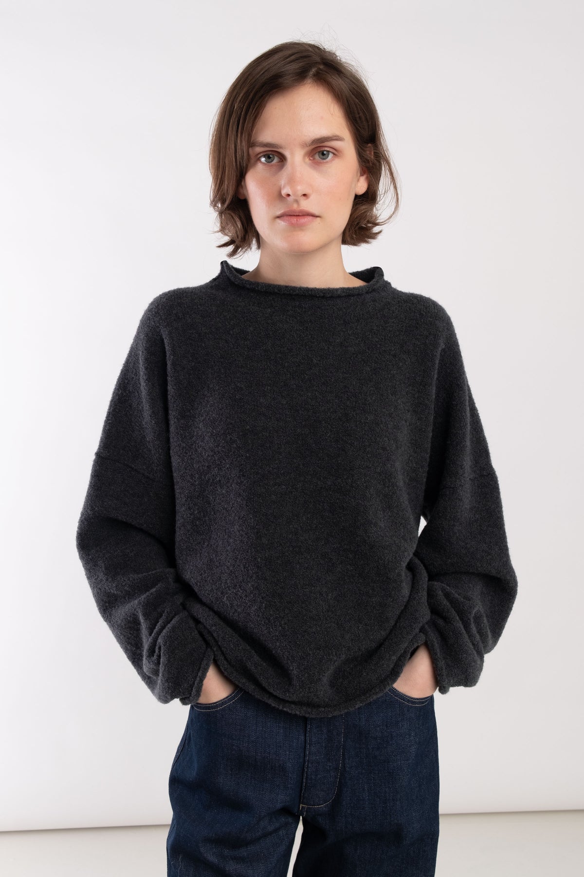 Charcoal Boucle Rolled Sweater