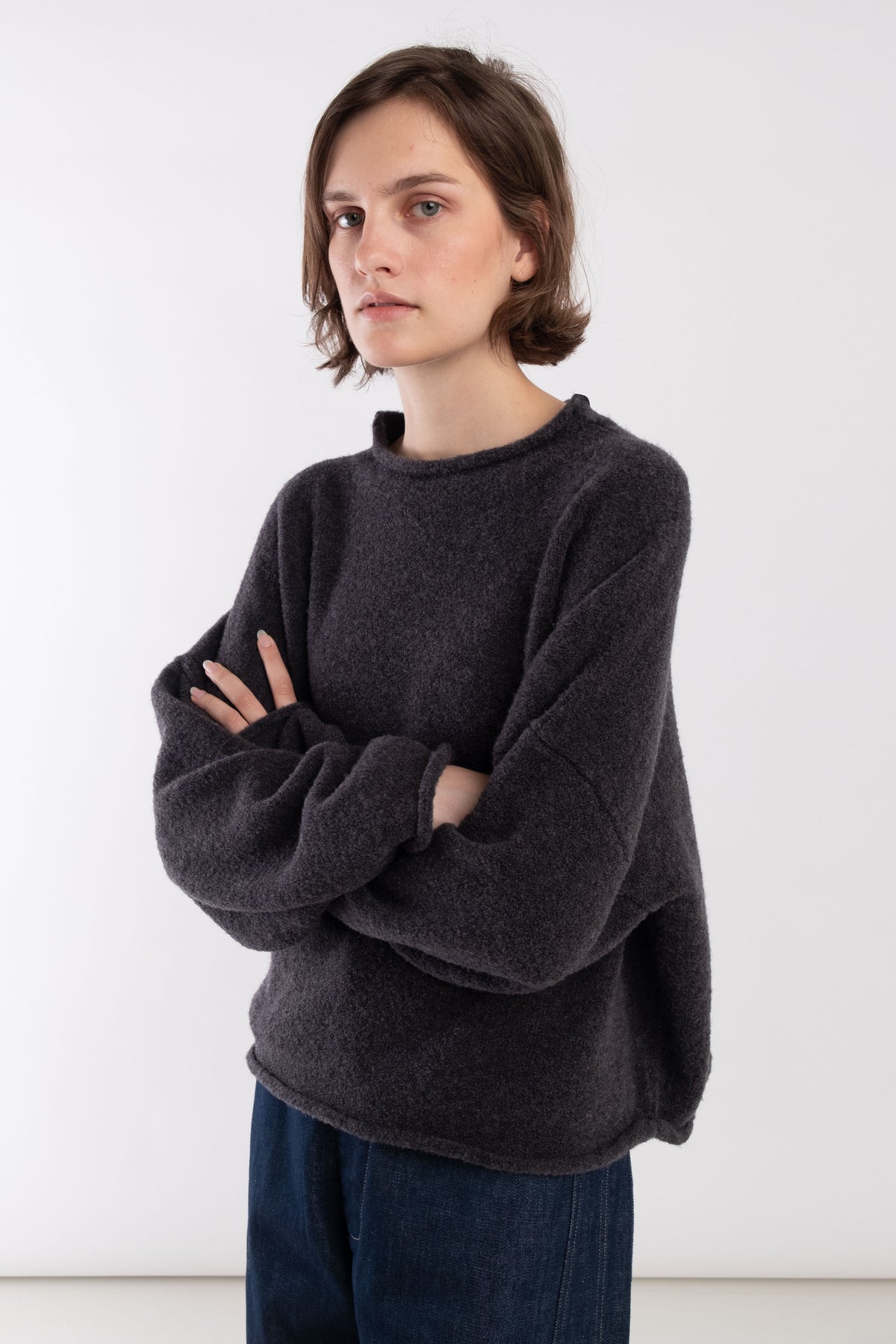 Charcoal Boucle Rolled Sweater