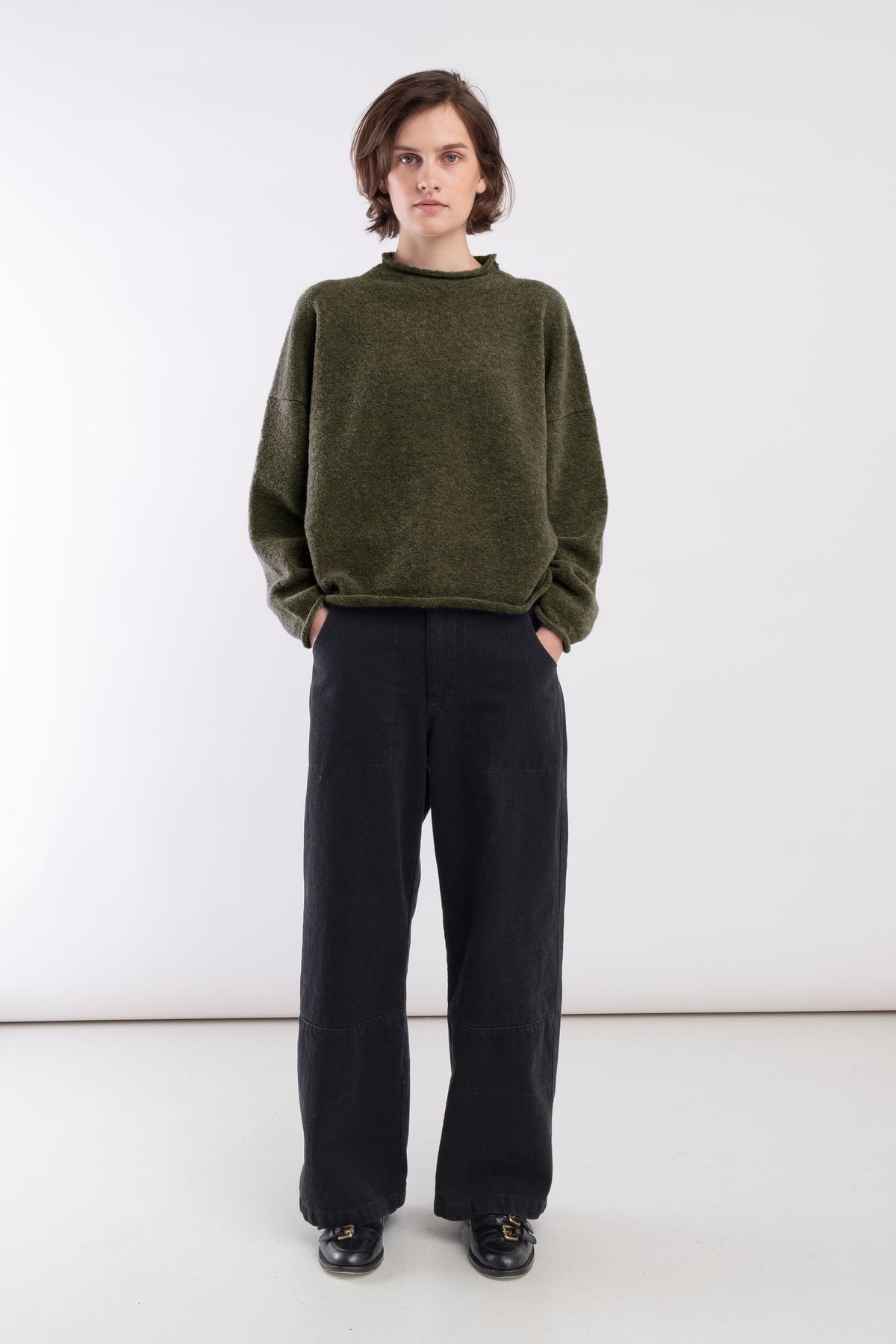 Dark Olive Boucle Rolled Sweater