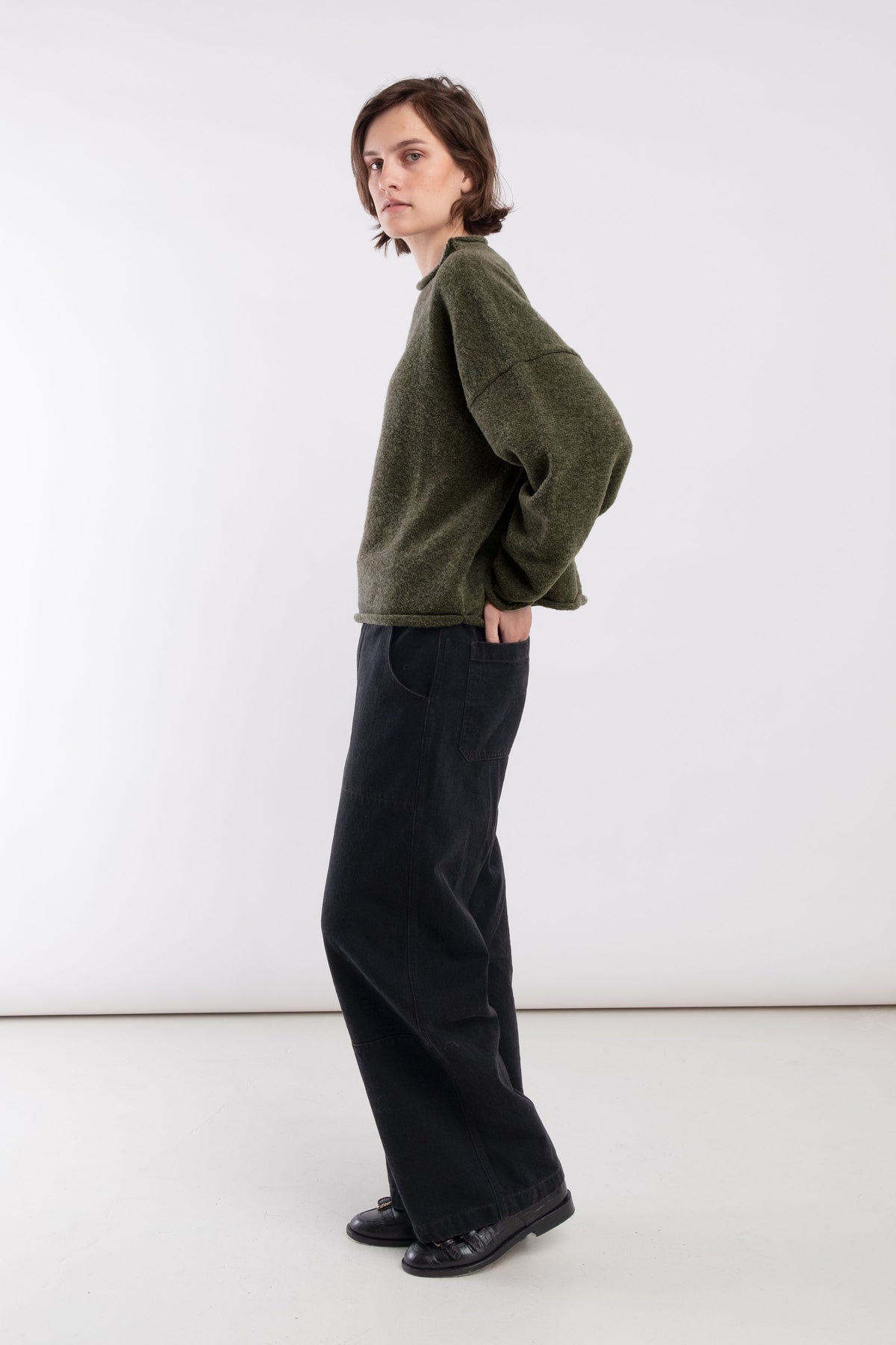 Dark Olive Boucle Rolled Sweater