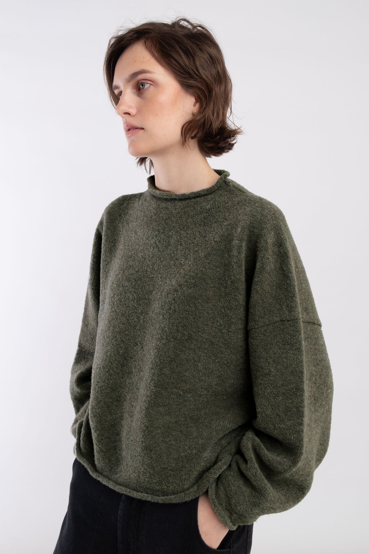 Dark Olive Boucle Rolled Sweater