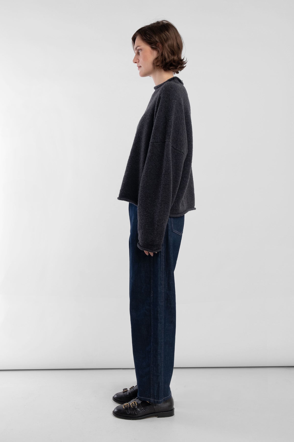 Charcoal Boucle Rolled Sweater