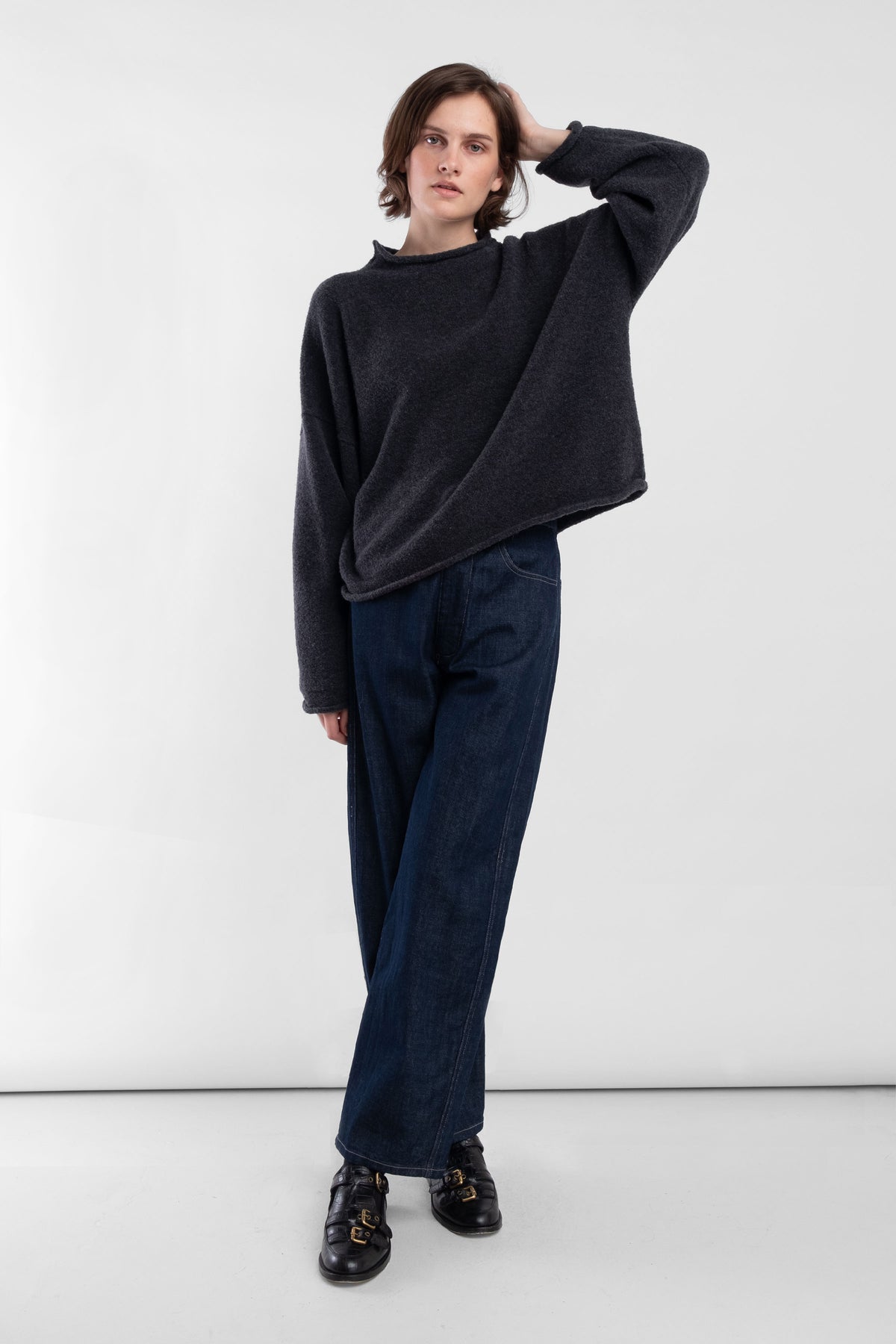 Charcoal Boucle Rolled Sweater