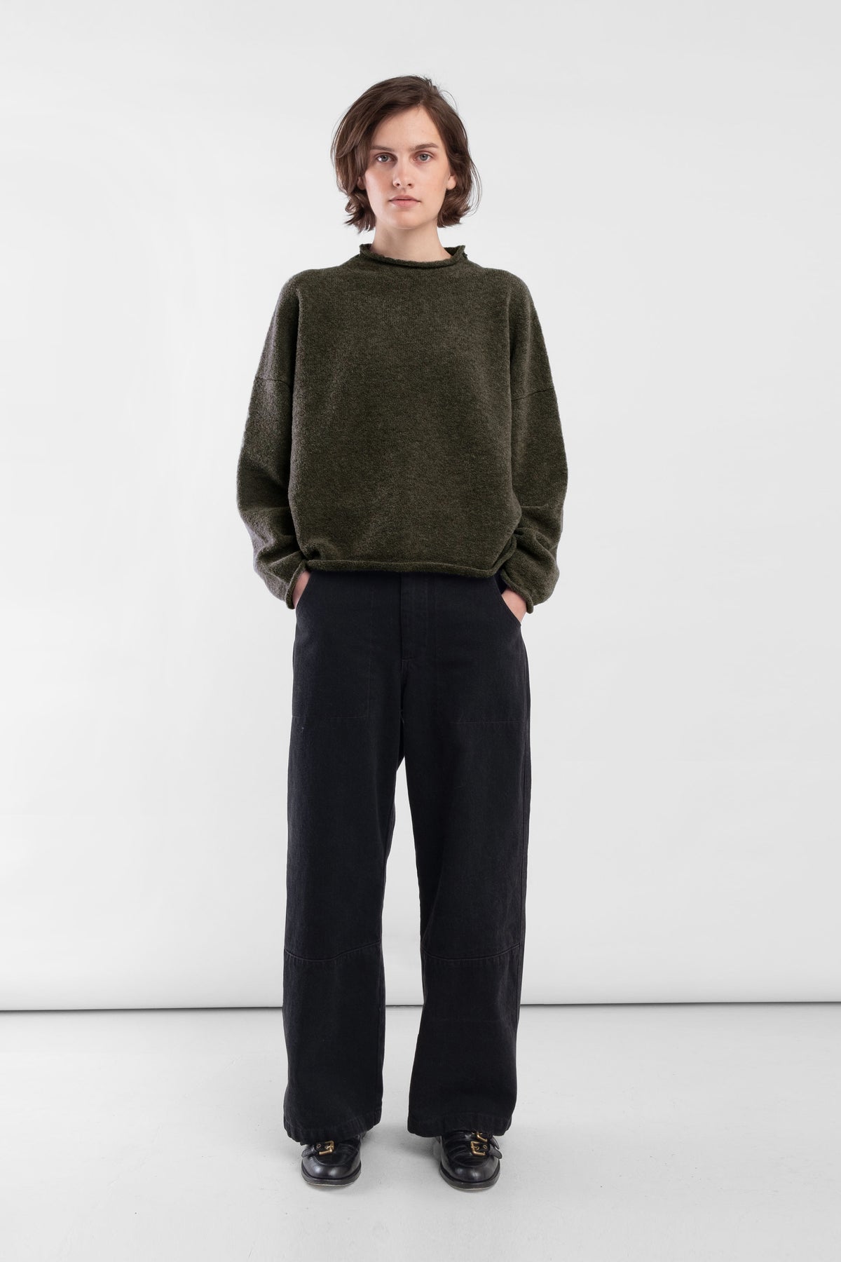 Dark Olive Boucle Rolled Sweater