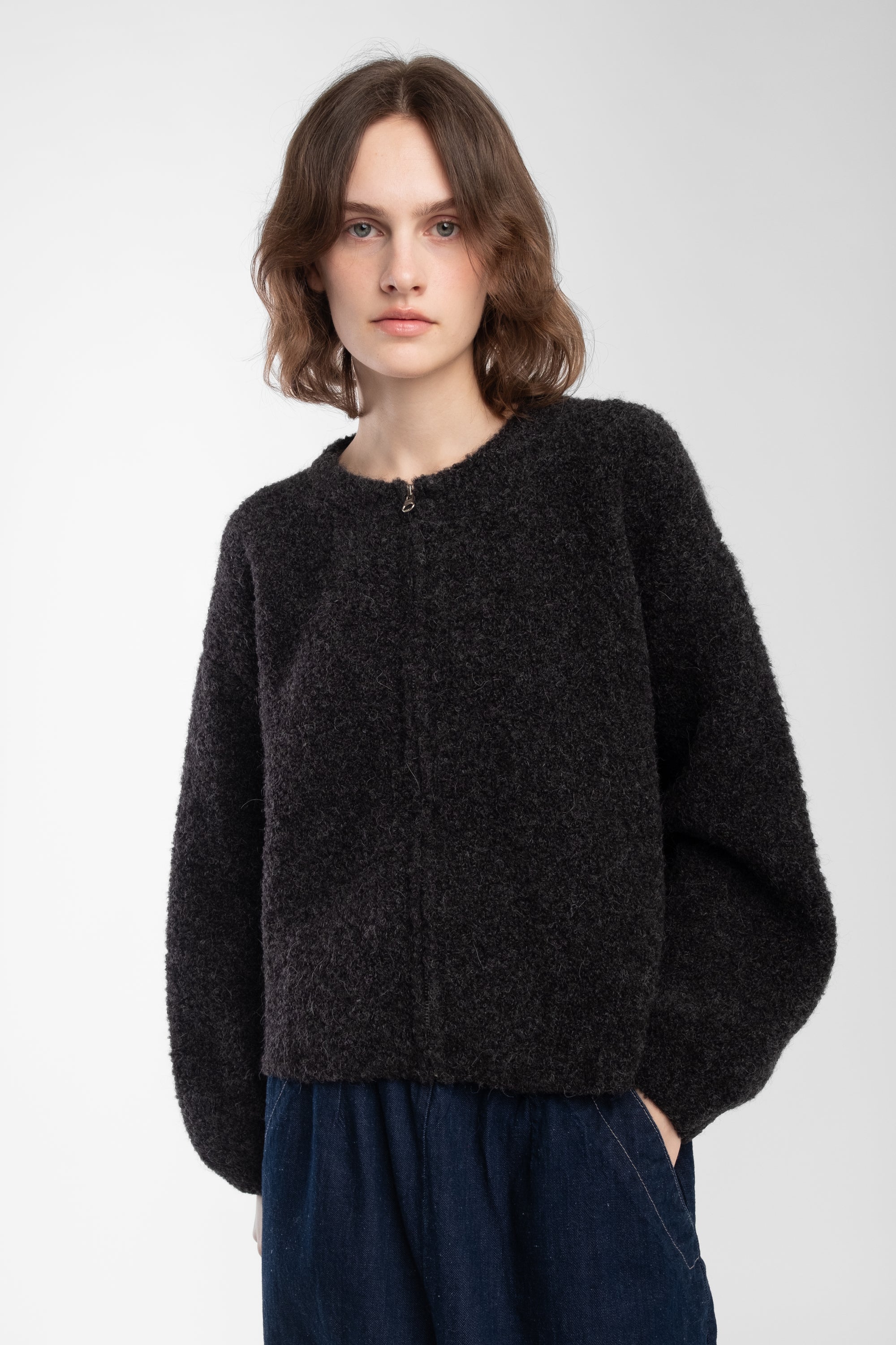 Charcoal Boucle Zip Cardigan