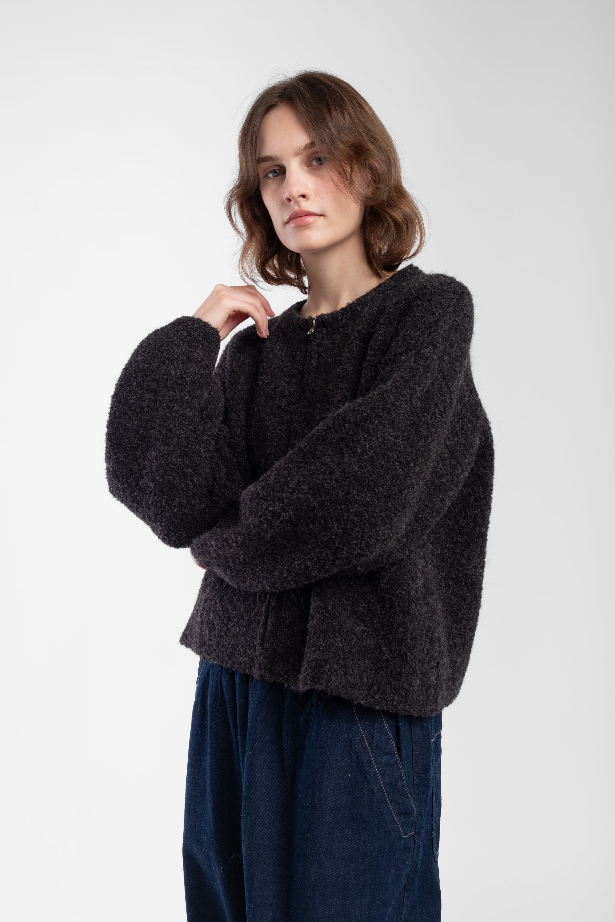 Charcoal Boucle Zip Cardigan