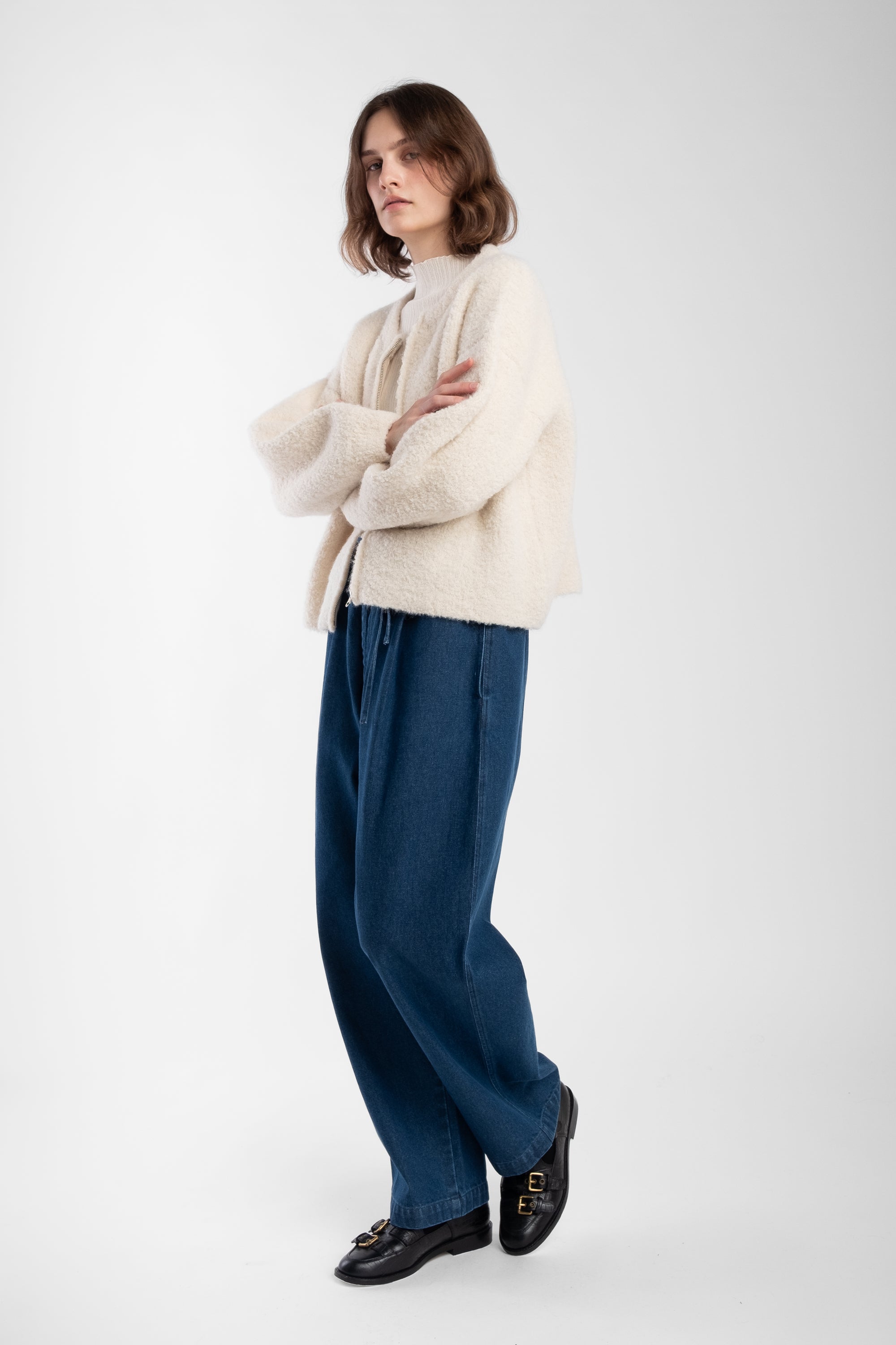 Cream Boucle Zip Cardigan