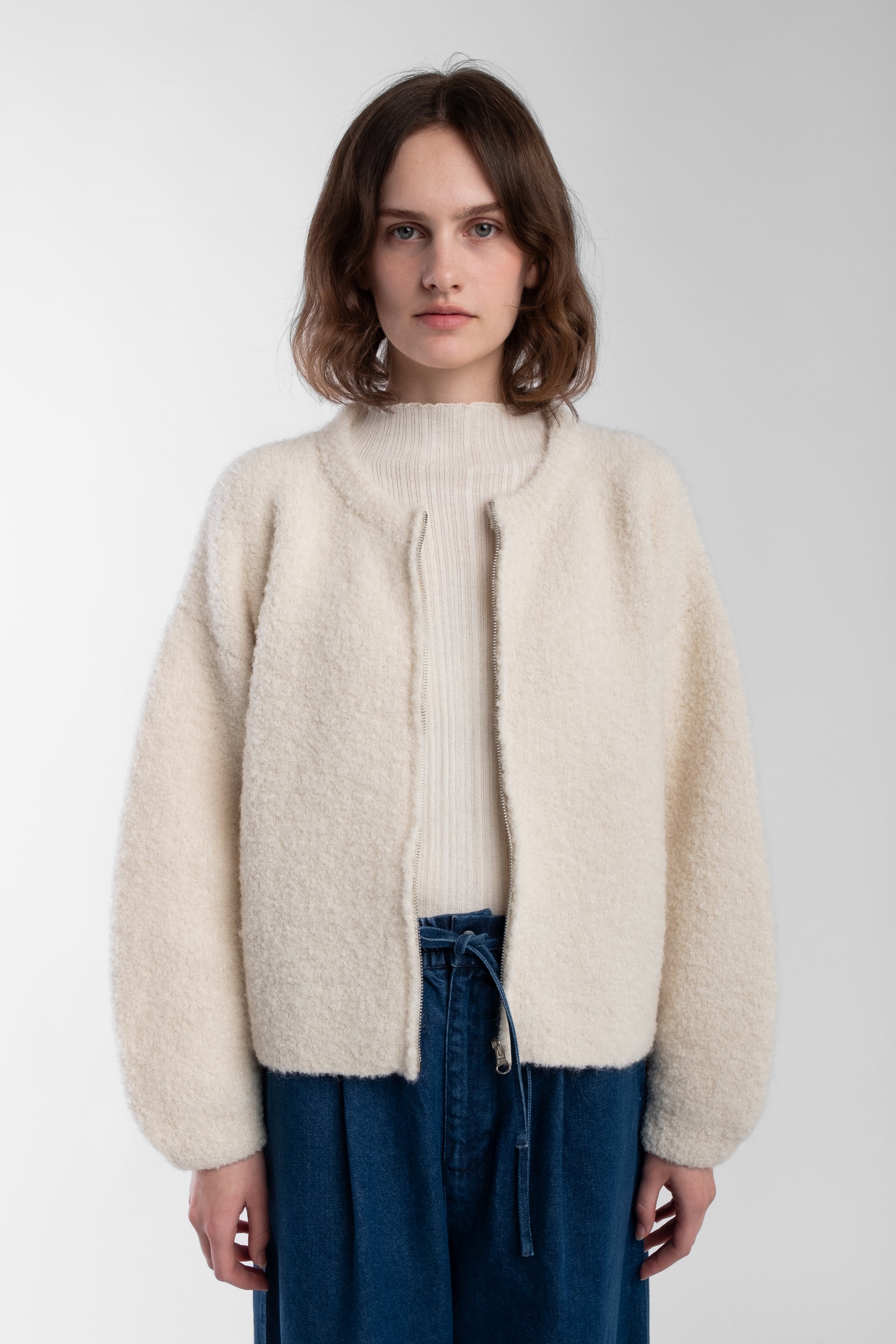 Cream Boucle Zip Cardigan