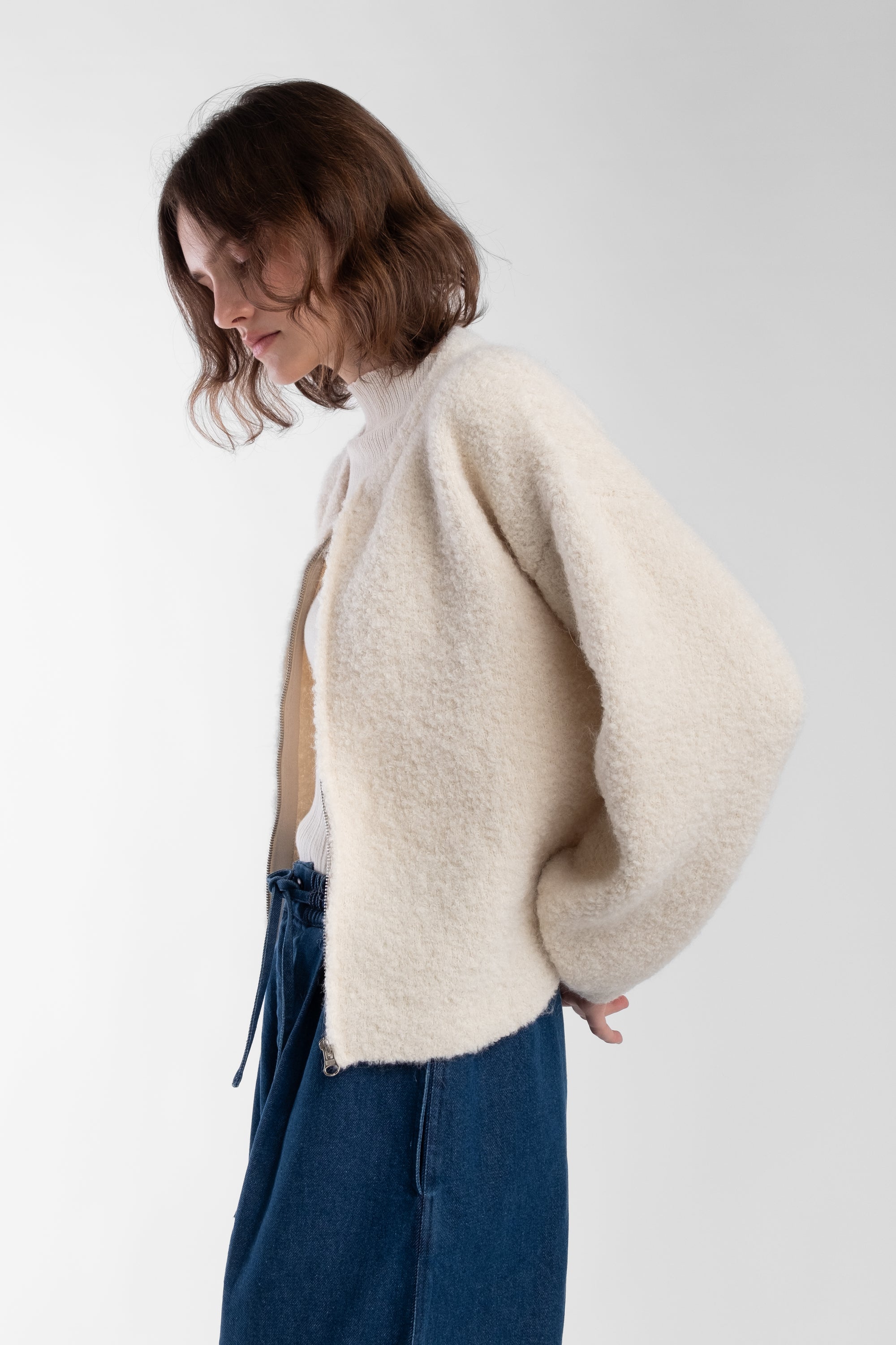Cream Boucle Zip Cardigan
