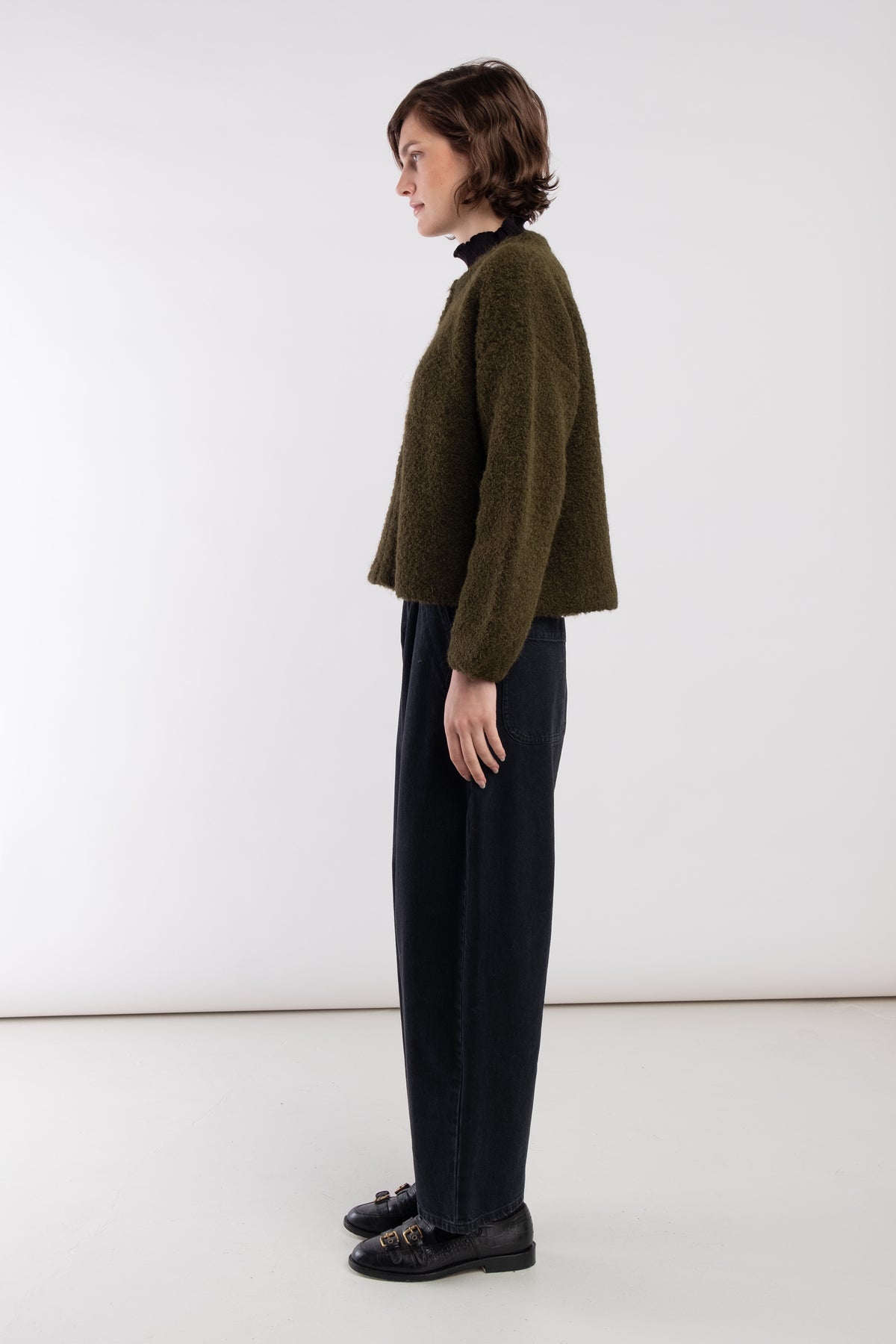 Olive Boucle Zip Cardigan
