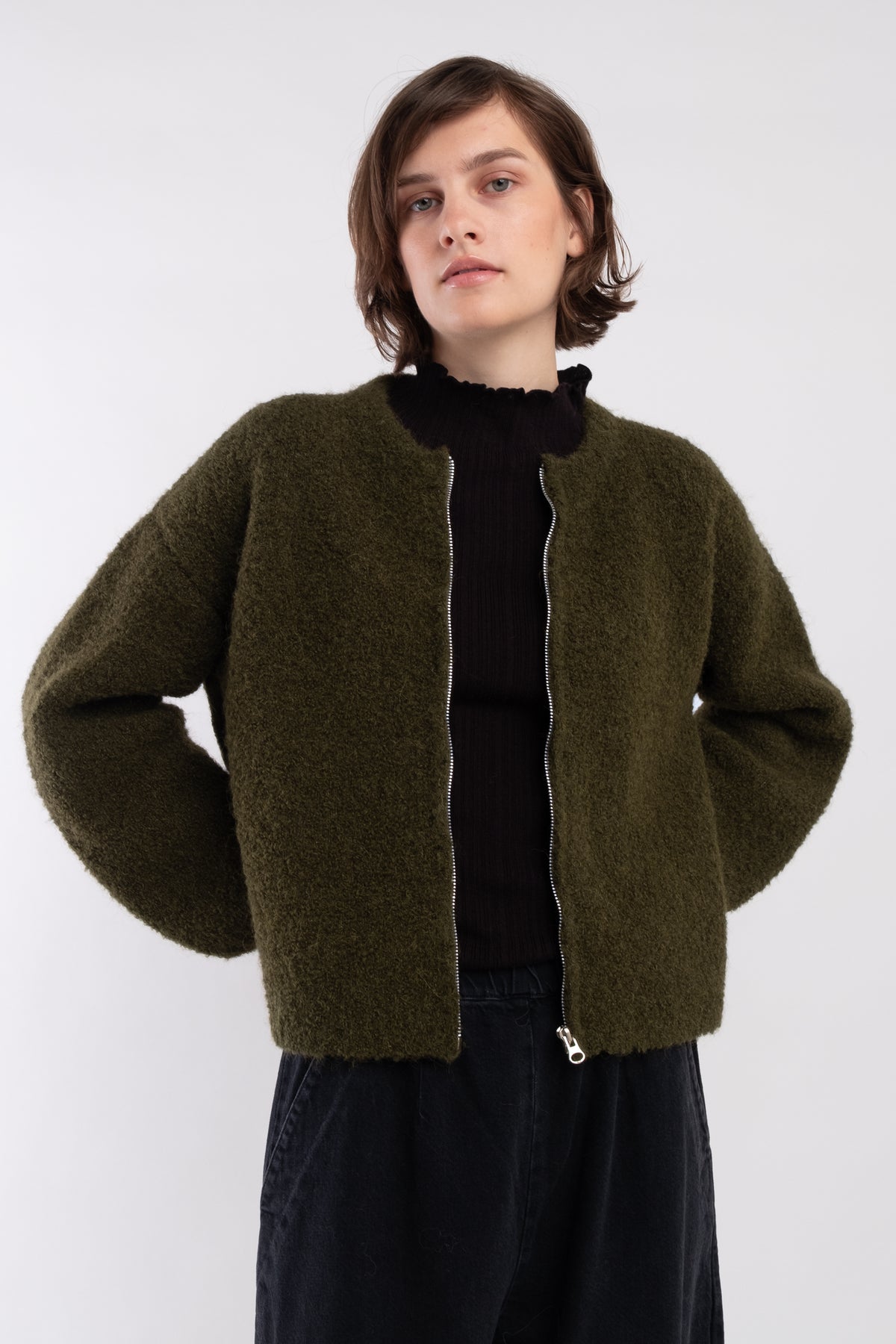 Olive Boucle Zip Cardigan