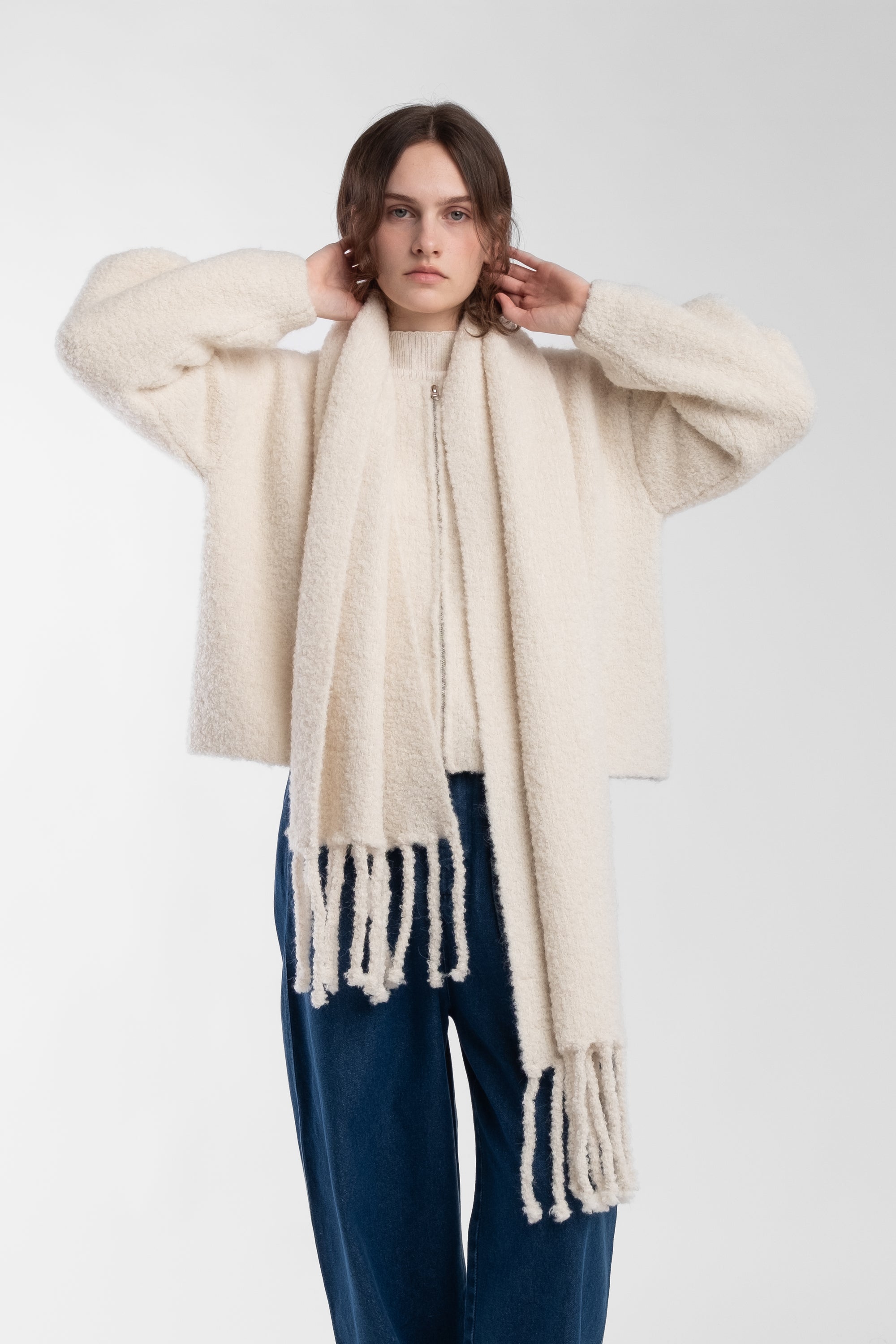 Cream Curly Fringe Scarf