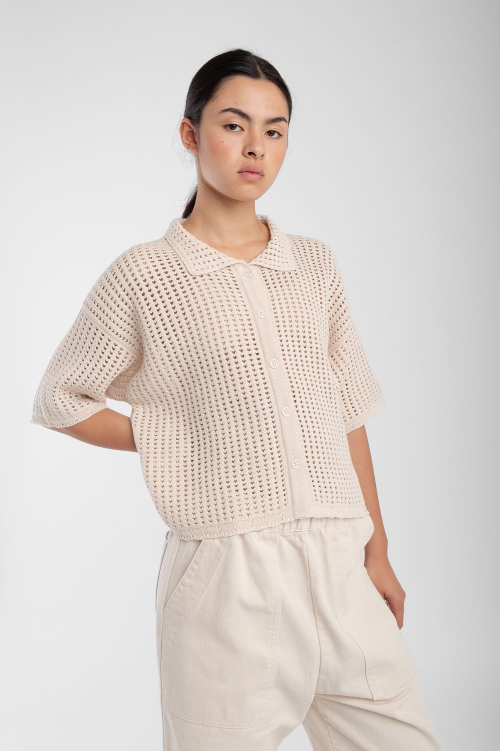 Cream Open Knit Polo