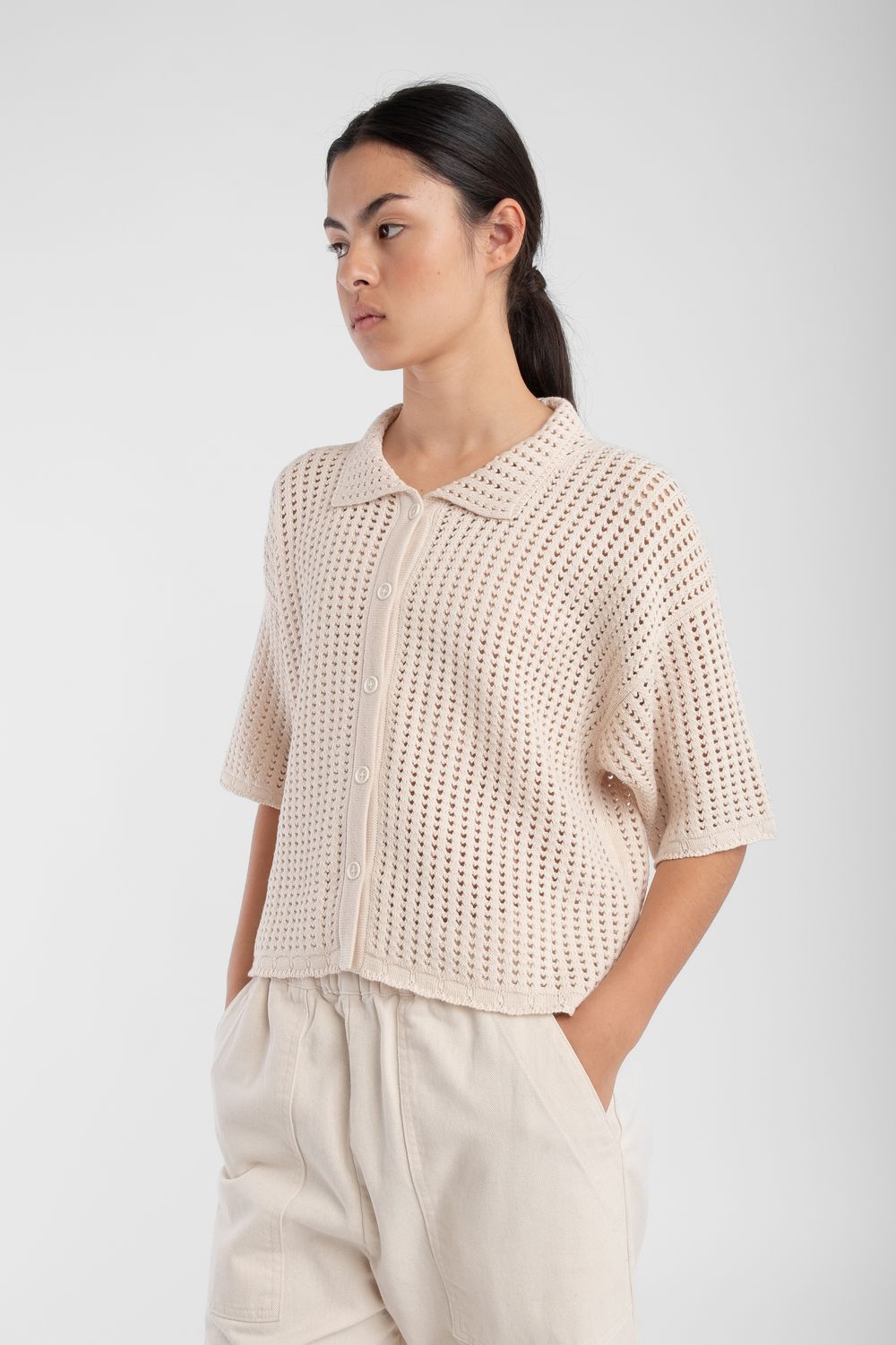 Cream Open Knit Polo