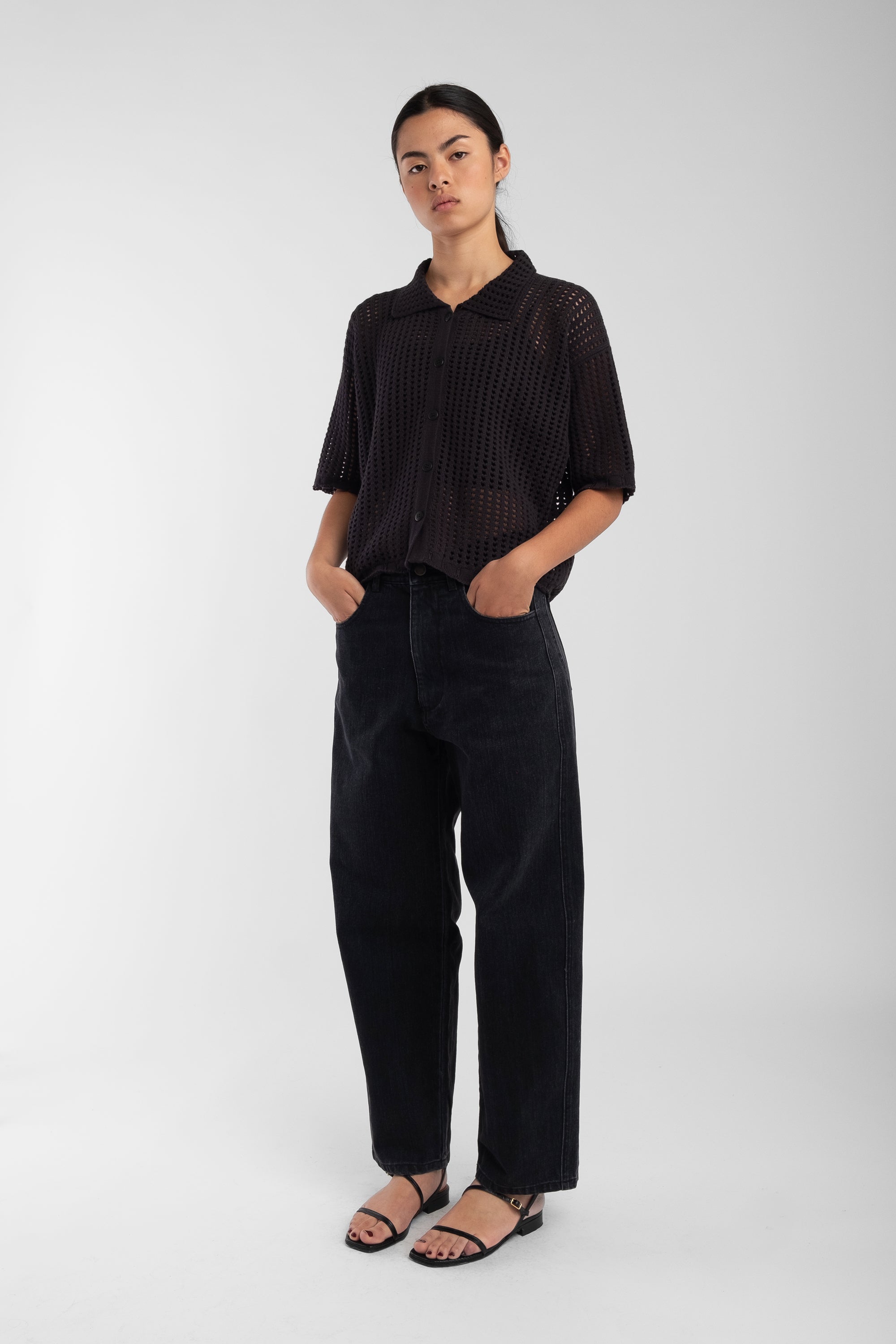 Black Open Knit Polo