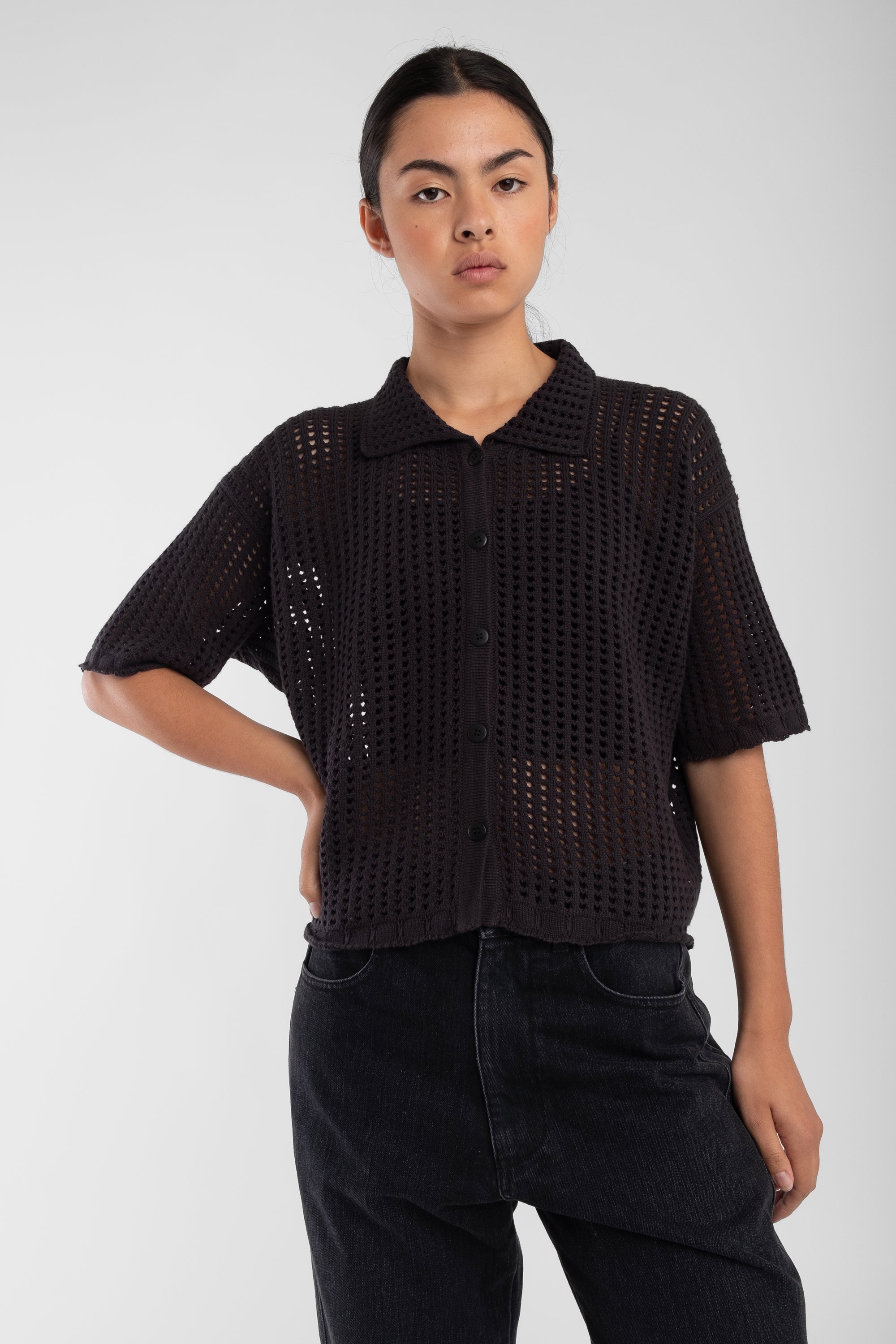 Black Open Knit Polo