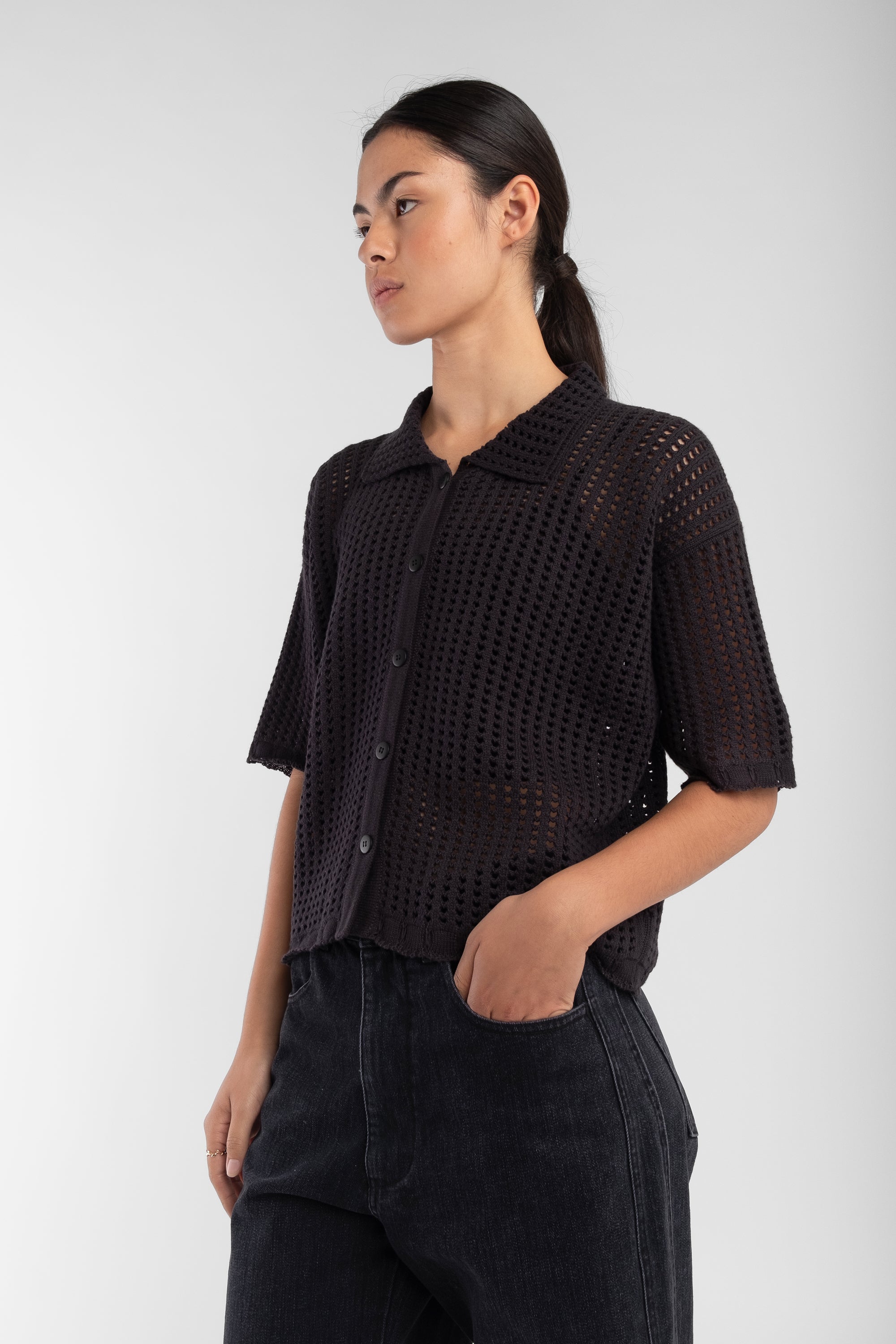 Black Open Knit Polo