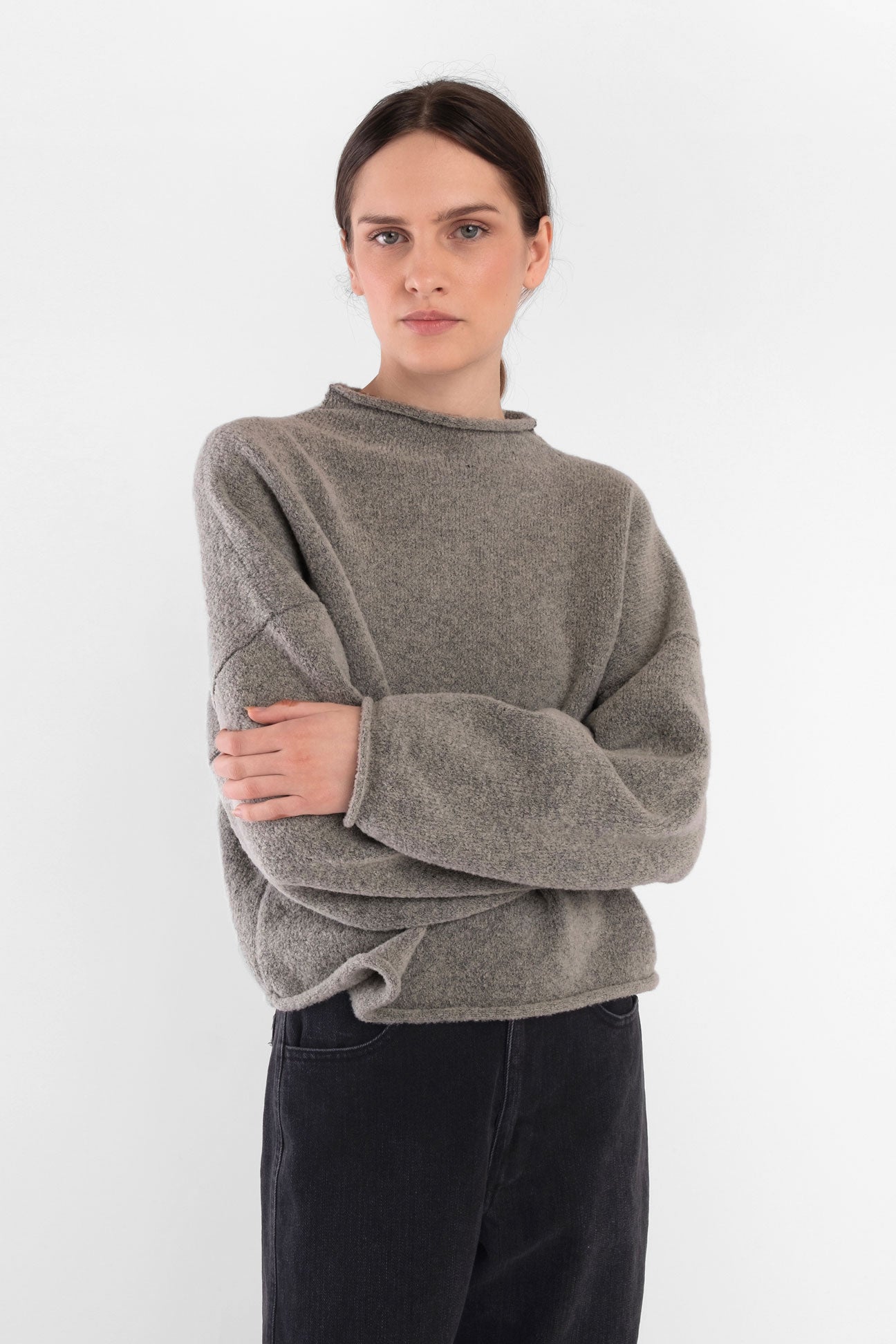 Ash Grey Boucle Rolled Sweater