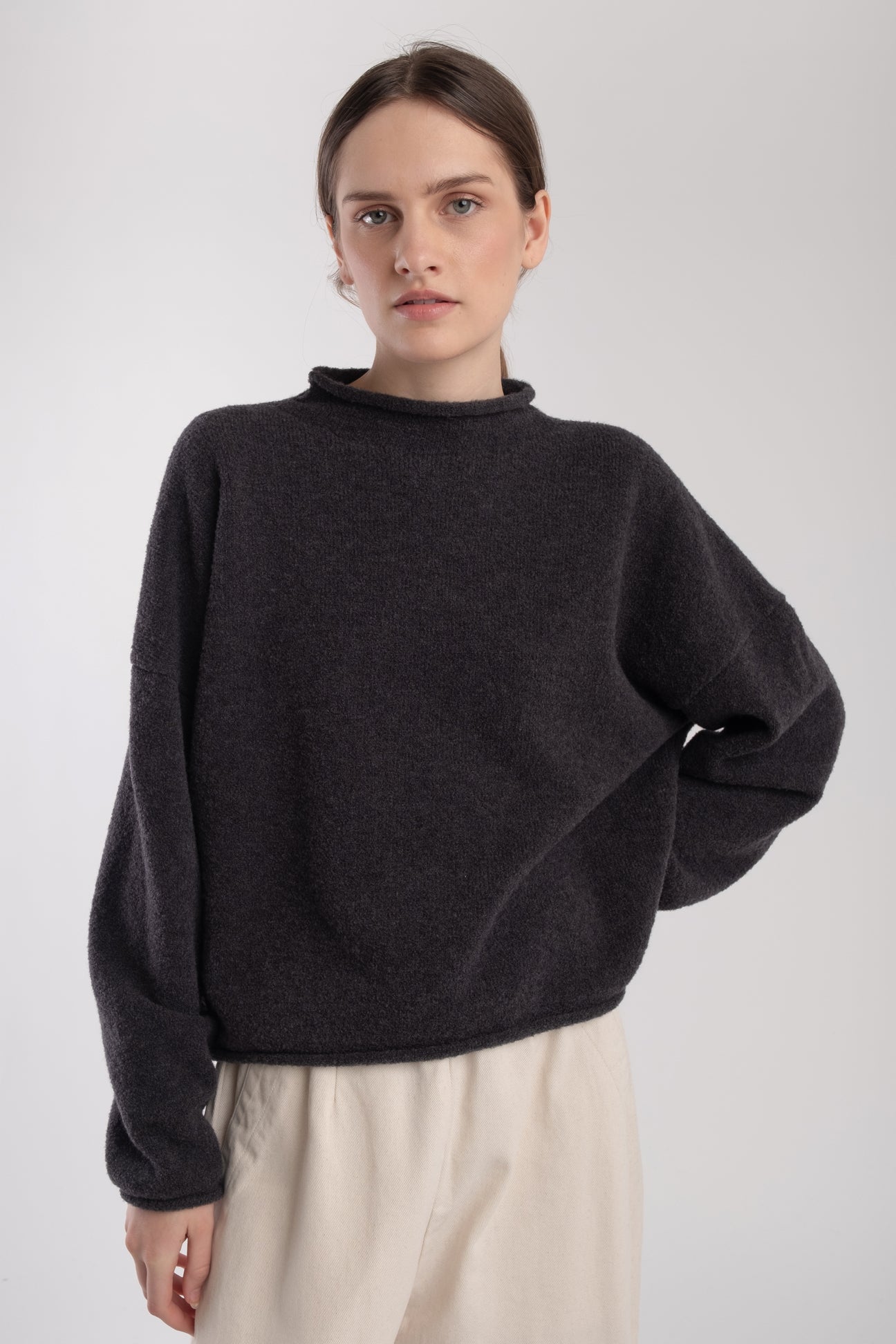 Charcoal Boucle Rolled Sweater