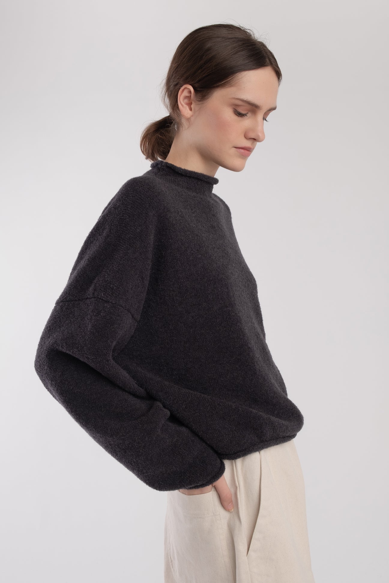 Charcoal Boucle Rolled Sweater