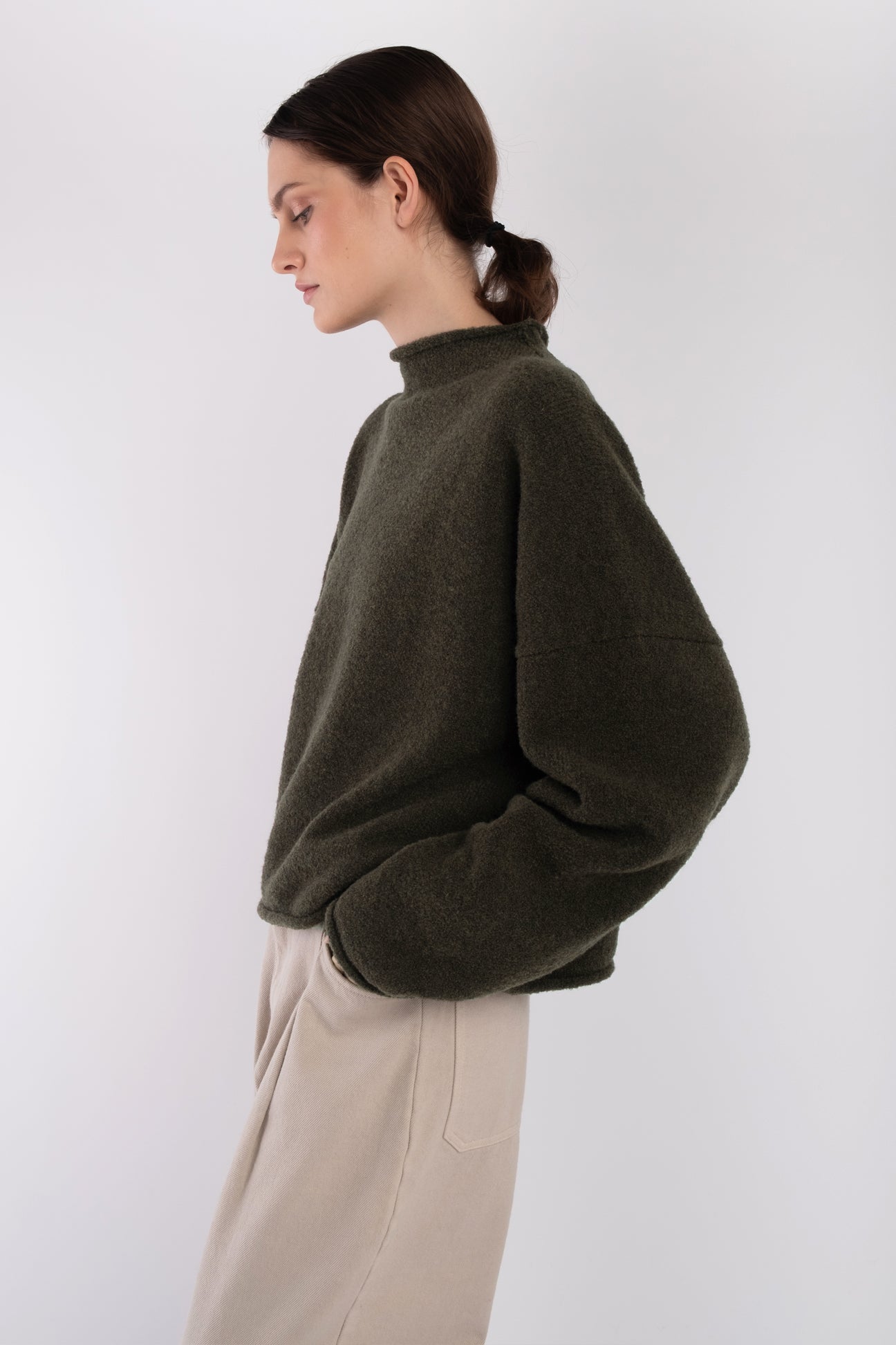 Dark Olive Boucle Rolled Sweater