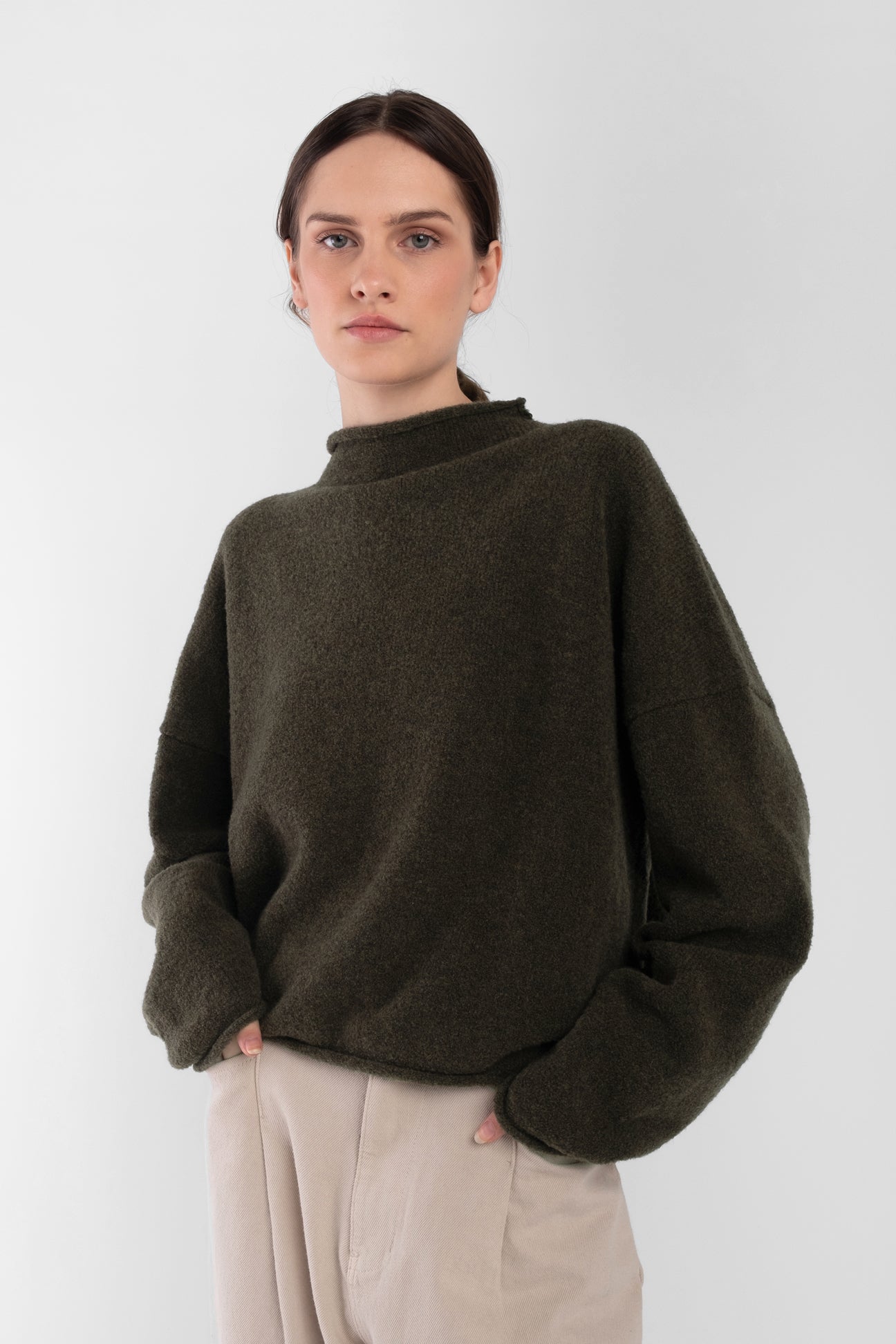 Dark Olive Boucle Rolled Sweater