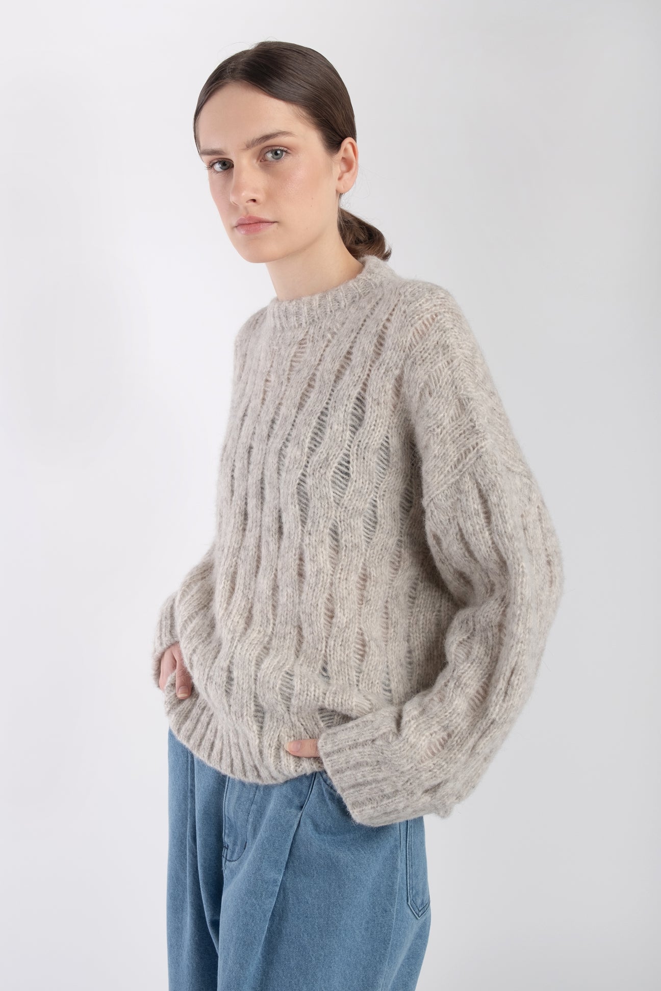 Heather Grey Wave Cable Pullover