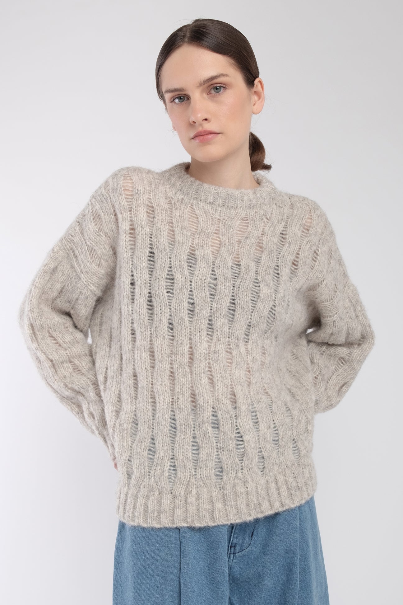 Heather Grey Wave Cable Pullover